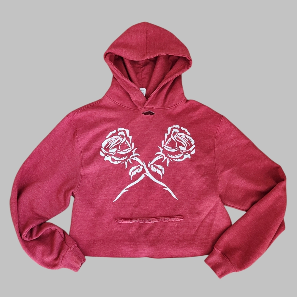 Skull and roses red distressed cropped hoodie